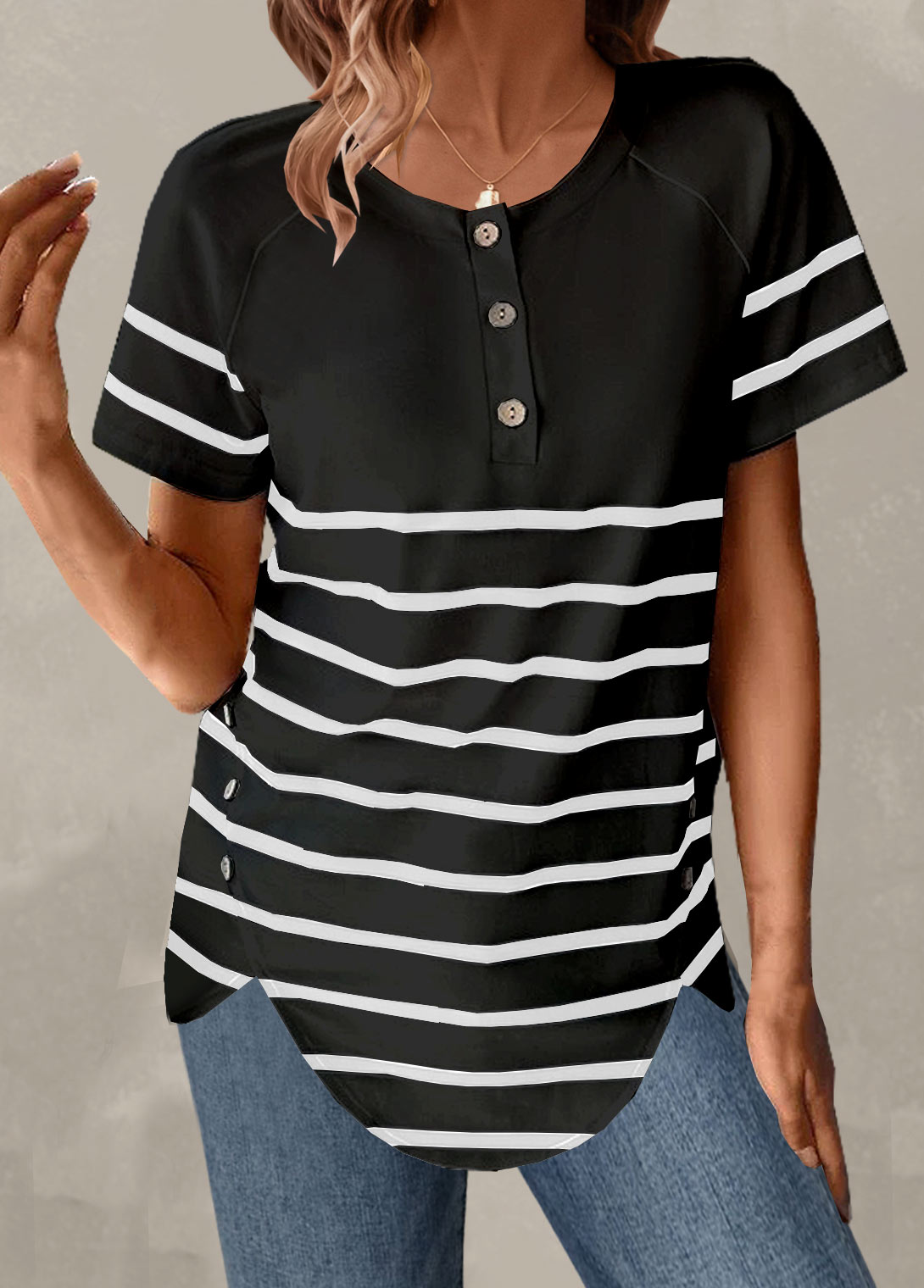 Black tops,Striped tops,ROTITA Button Striped Black Round Neck T Shirt