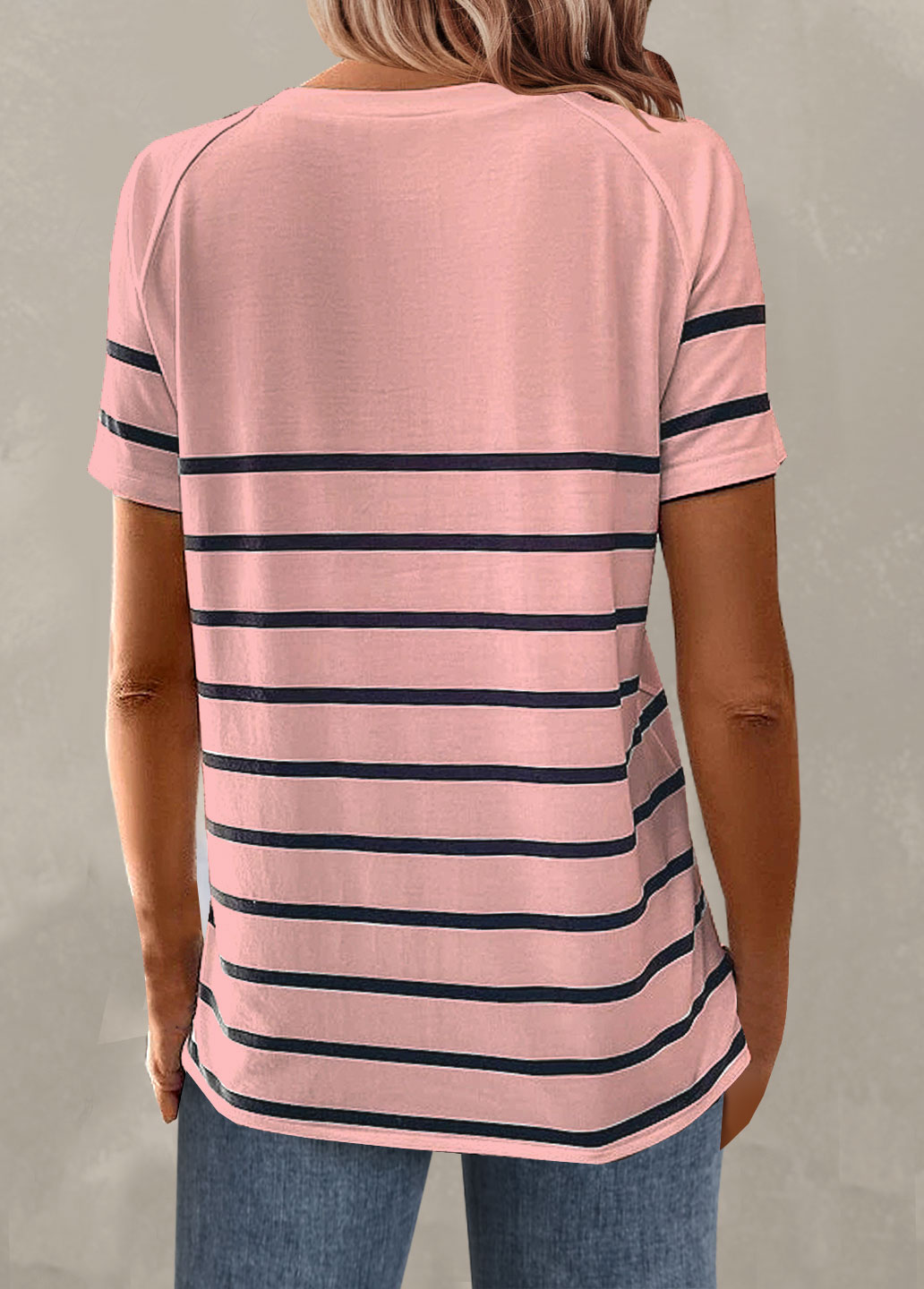 Light Pink tops,Striped tops,ROTITA Button Striped Light Pink Round Neck T Shirt