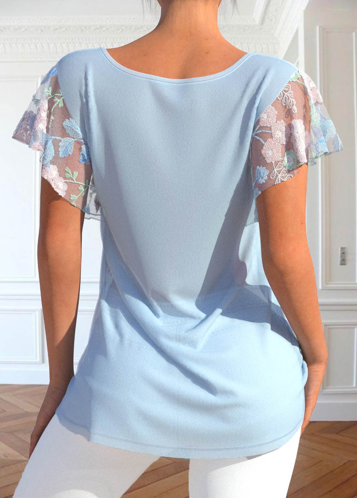 Light Blue tops,Plain Color tops,ROTITA Lace Light Blue Split Neck T Shirt