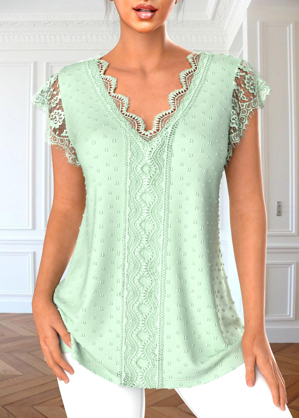 Light Green tops,Plain Color tops,ROTITA Patchwork Light Green V Neck T Shirt