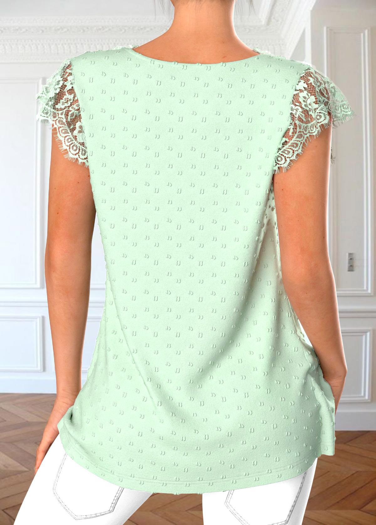 Light Green tops,Plain Color tops,ROTITA Patchwork Light Green V Neck T Shirt