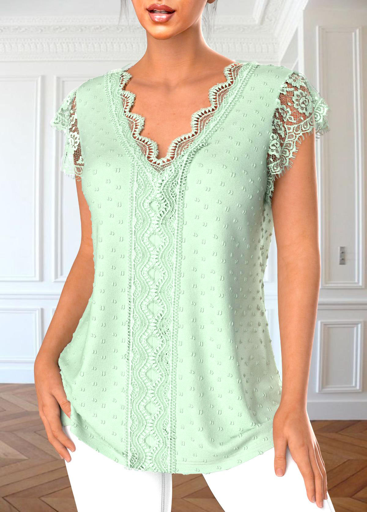 Light Green tops,Plain Color tops,ROTITA Patchwork Light Green V Neck T Shirt