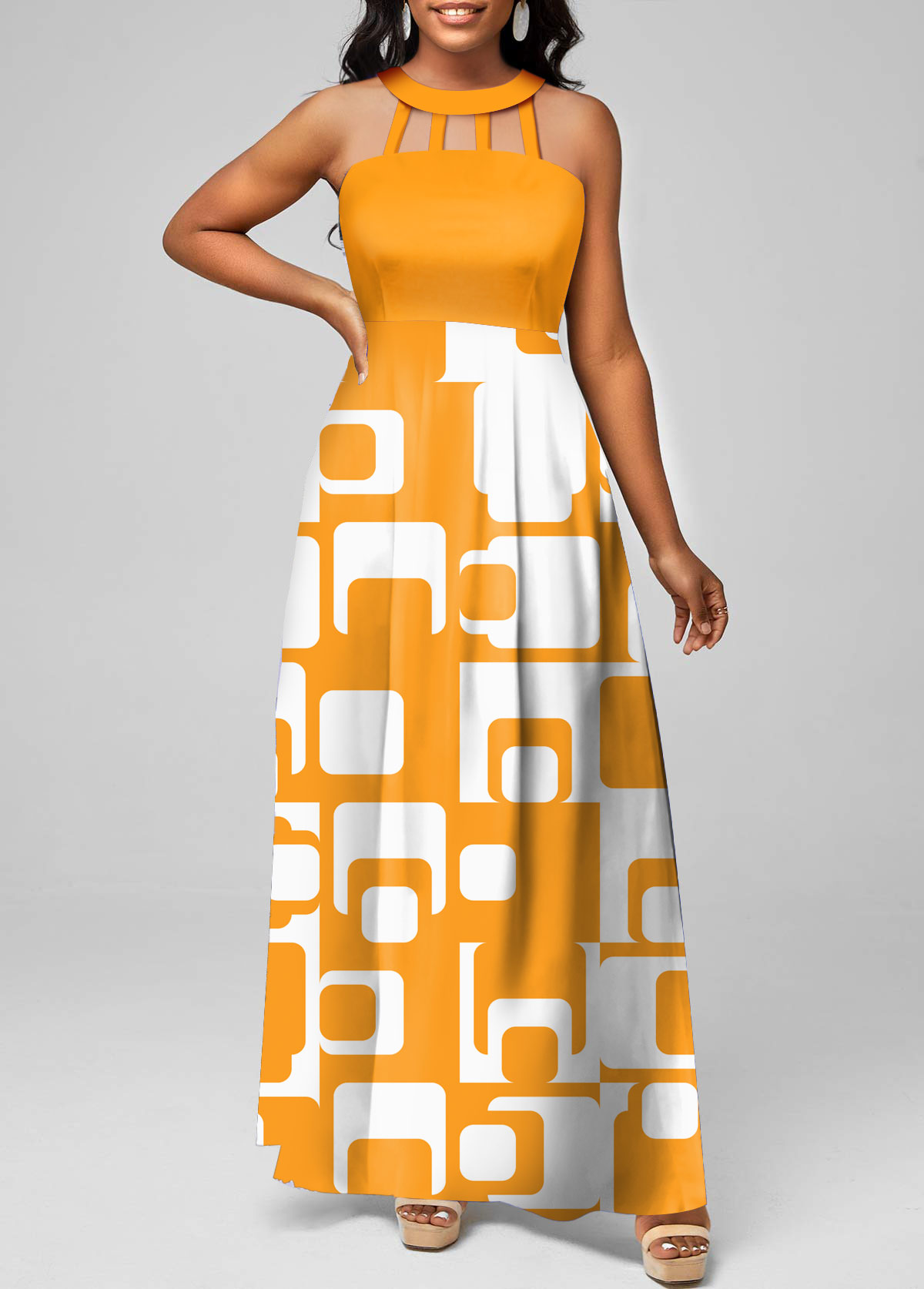Ginger dresses,Geometric dresses,Plaid dresses,ROTITA Cage Neck Geometric Print Ginger Maxi Dress