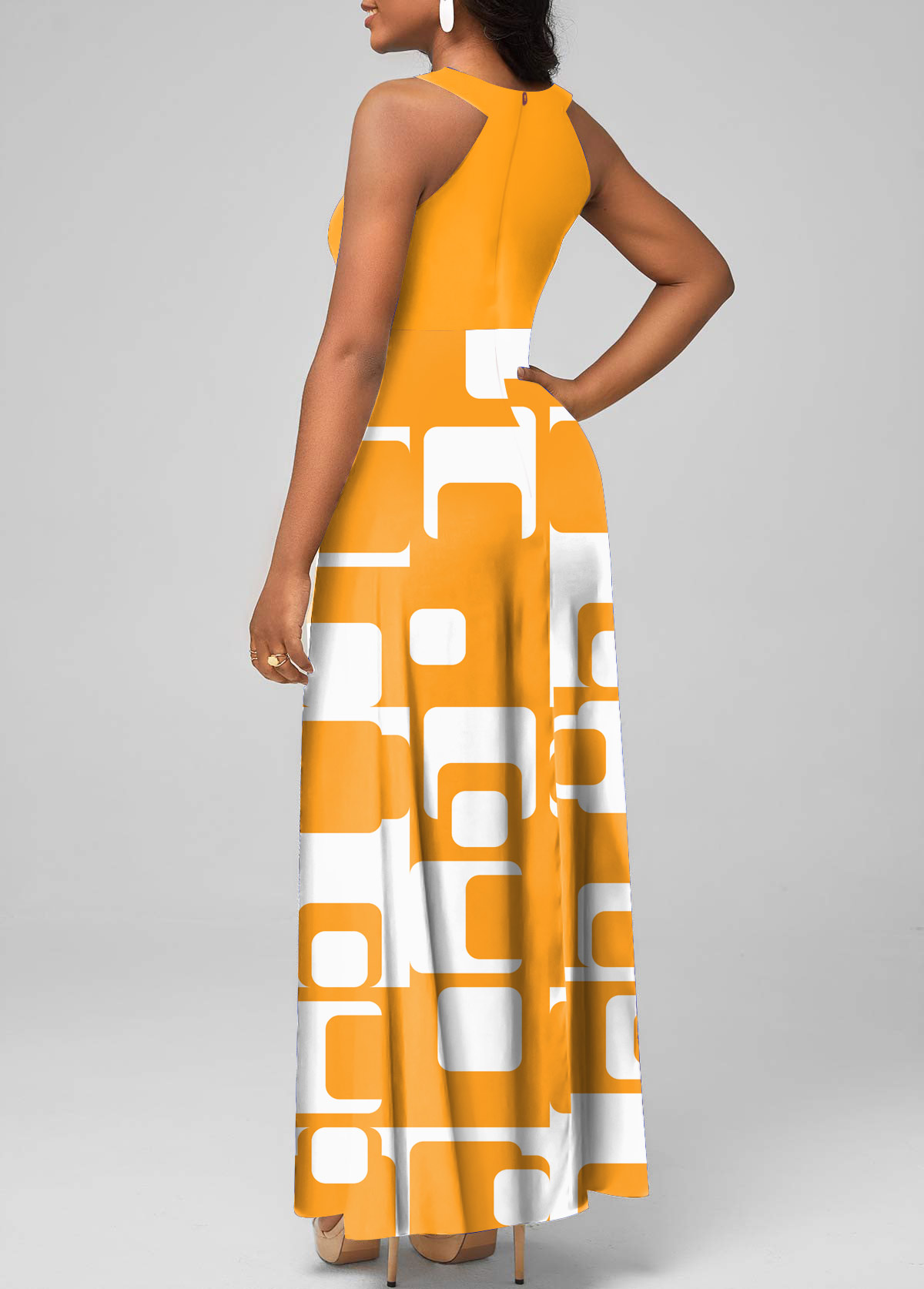 Ginger dresses,Geometric dresses,Plaid dresses,ROTITA Cage Neck Geometric Print Ginger Maxi Dress