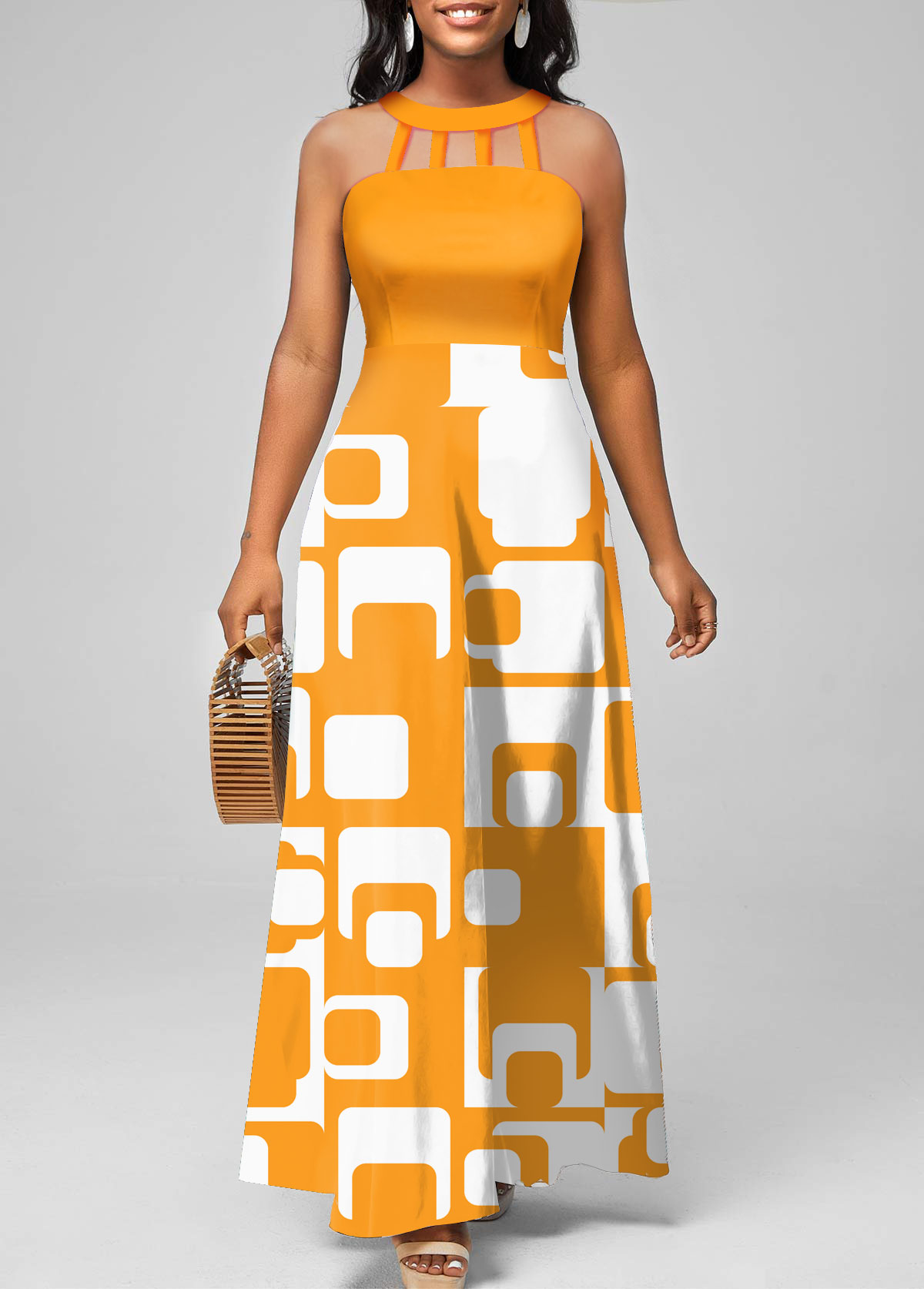 Ginger dresses,Geometric dresses,Plaid dresses,ROTITA Cage Neck Geometric Print Ginger Maxi Dress