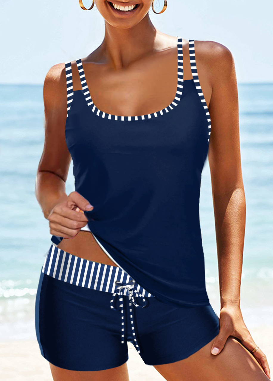 Navy swimwear,Striped swimwear,Geometric swimwear,ROTITA Drawstring Navy Striped Mid Waisted Tankini Set