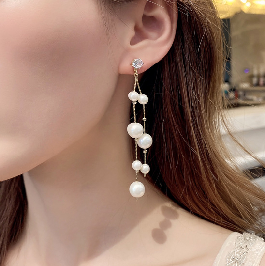 Pearl Design Tassel Detail Silvery White Earrings