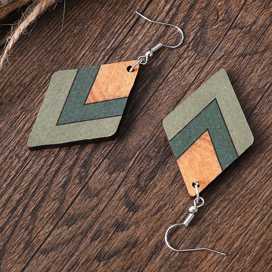 Green jewelry,Green Geometric Square Wood Drop Earrings