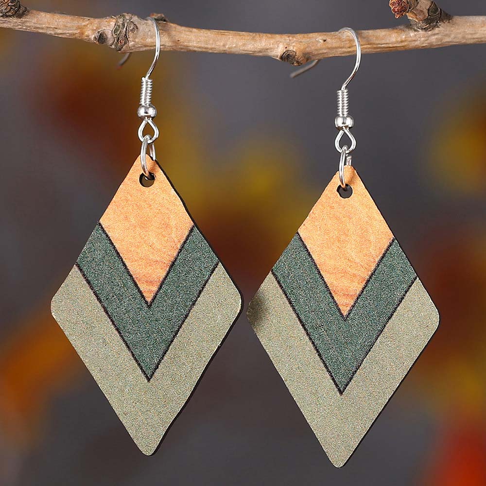 Green jewelry,Green Geometric Square Wood Drop Earrings