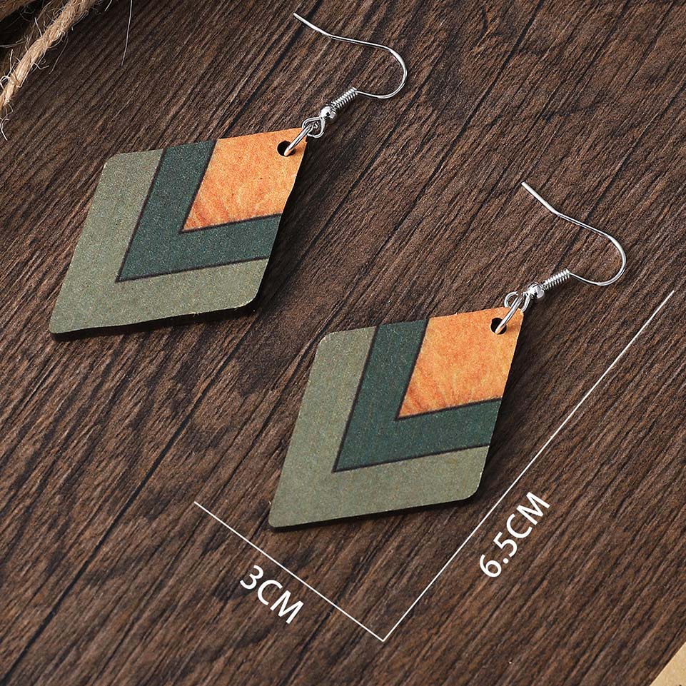 Green jewelry,Green Geometric Square Wood Drop Earrings