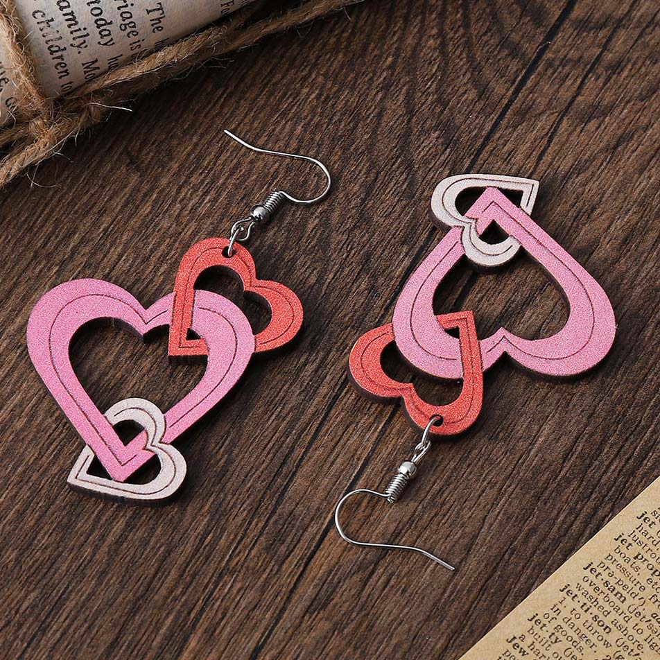 Multi Color jewelry,Heart jewelry,Geometric jewelry,Heart Wood Detail Multi Color Earrings