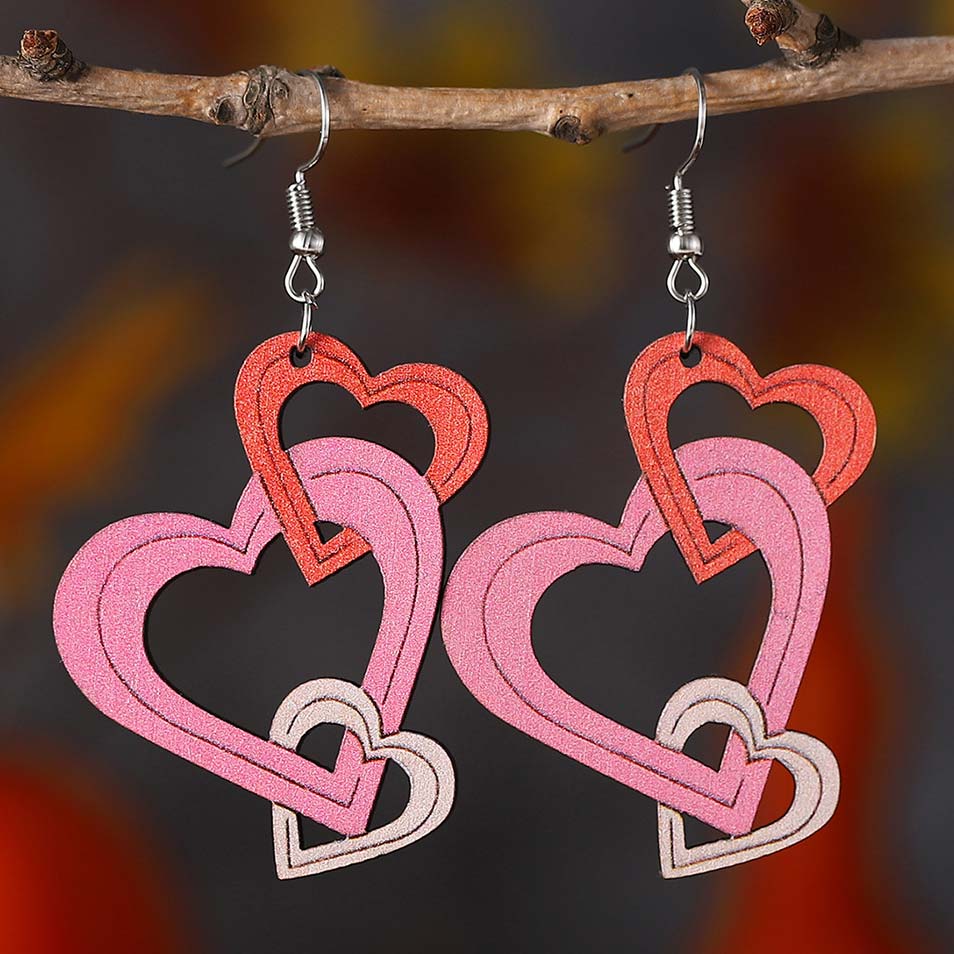 Multi Color jewelry,Heart jewelry,Geometric jewelry,Heart Wood Detail Multi Color Earrings