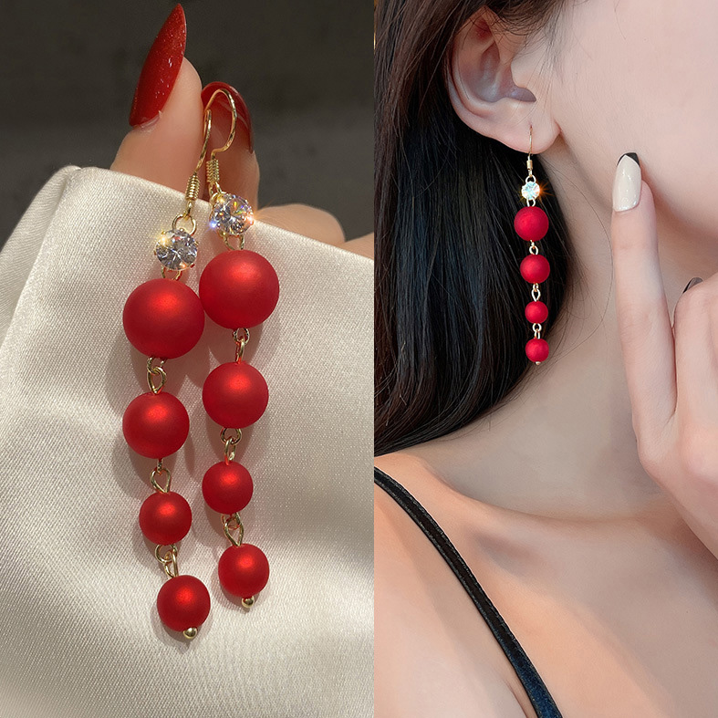 Golden Metal Rhinestone Red Perl Earrings