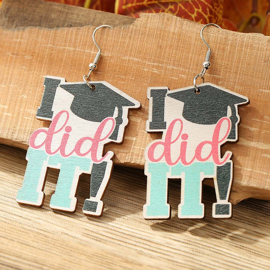 Multi Color jewelry,Letter jewelry,Contrast Color jewelry,Geometric jewelry,Multi Color Letter Print Wooden Earrings