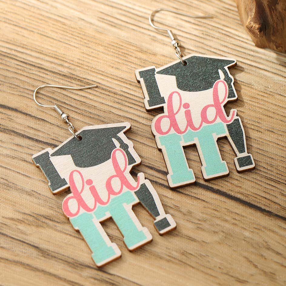 Multi Color jewelry,Letter jewelry,Contrast Color jewelry,Geometric jewelry,Multi Color Letter Print Wooden Earrings