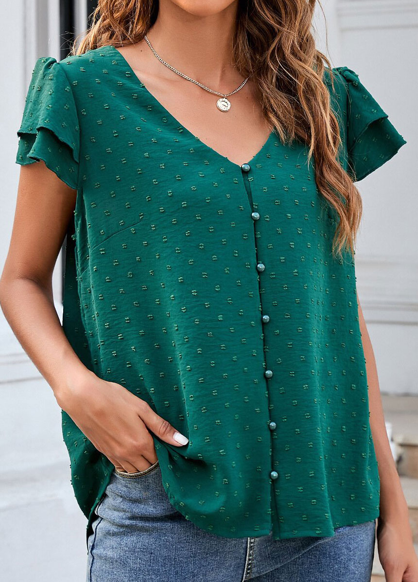 Green tops,Plain Color tops,Ruffle Green Button Detail V Neck Blouse