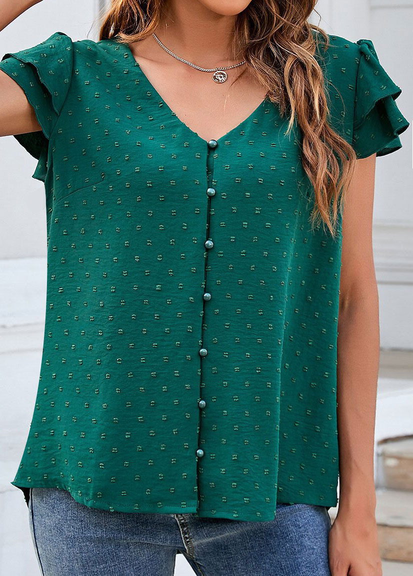 Green tops,Plain Color tops,Ruffle Green Button Detail V Neck Blouse