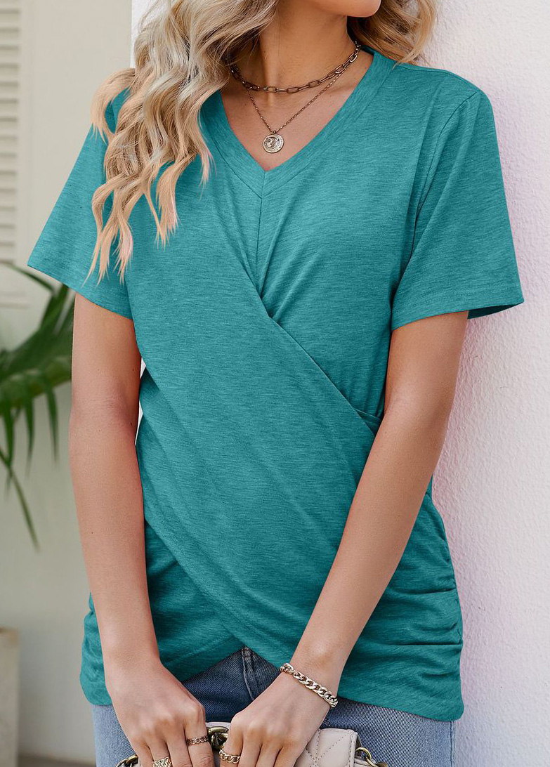 Turquoise tops,Plain Color tops,Wrap Turquoise V Neck Short Sleeve T Shirt