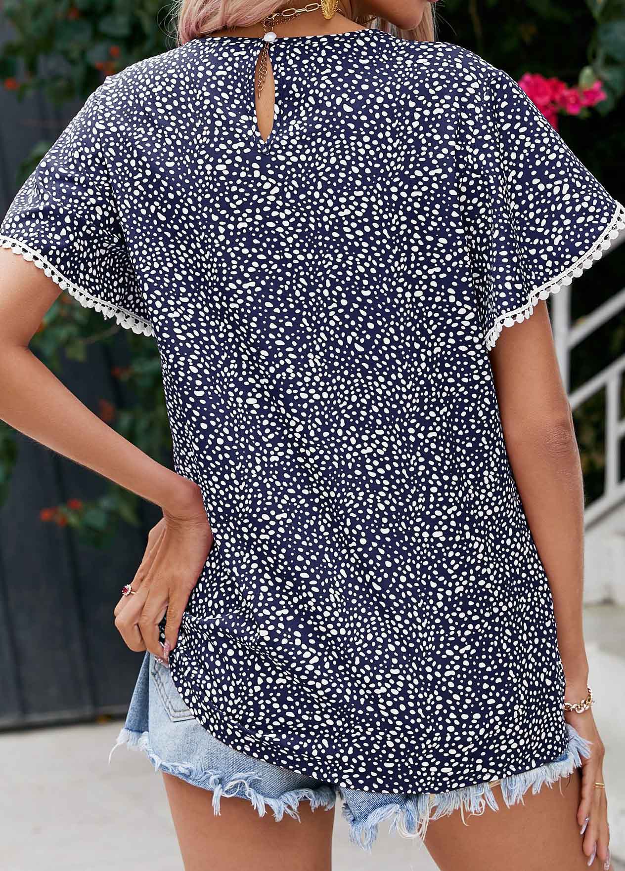 Navy tops,Dot tops,Patchwork Polka Dot Navy Round Neck Blouse