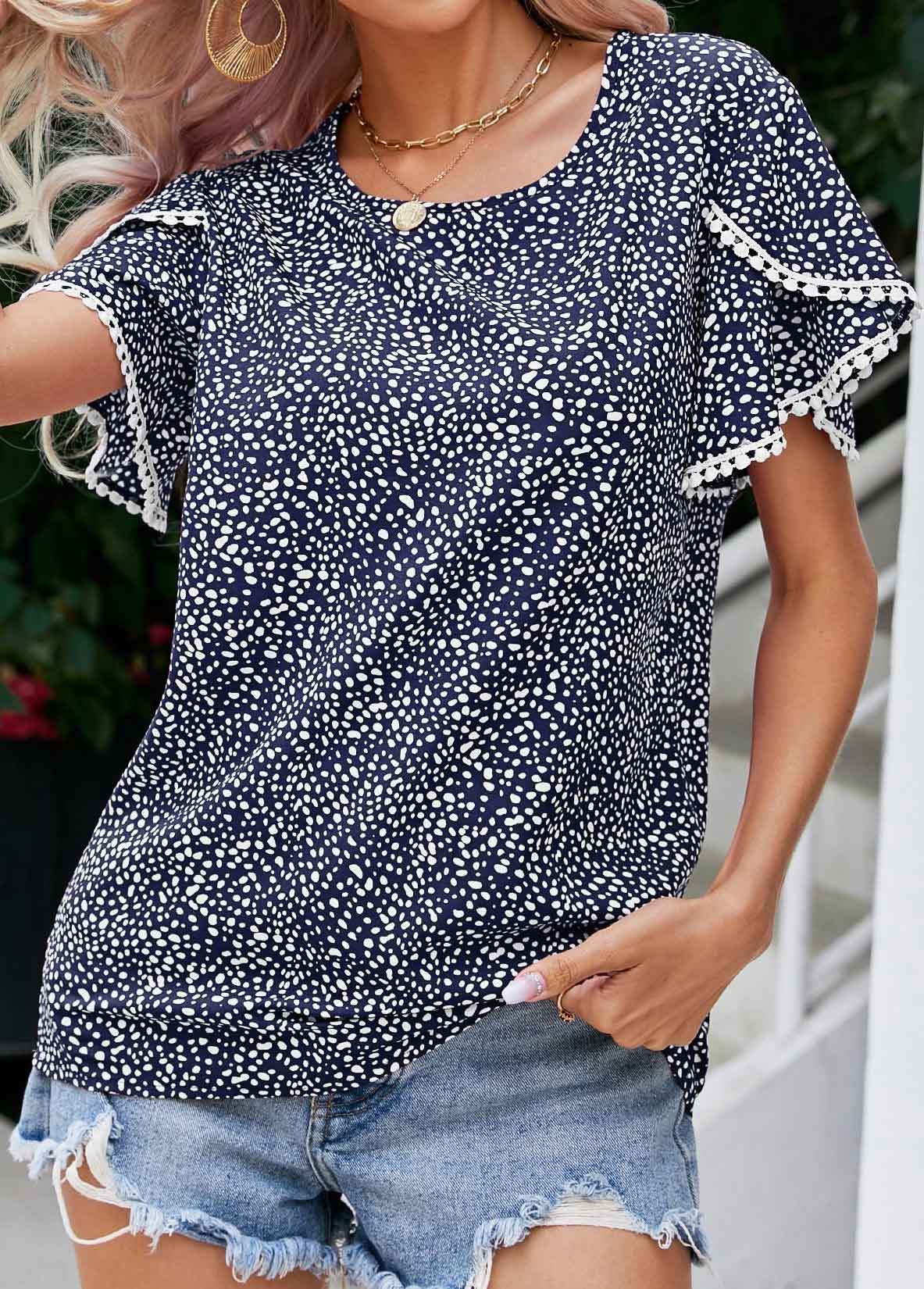 Navy tops,Dot tops,Patchwork Polka Dot Navy Round Neck Blouse