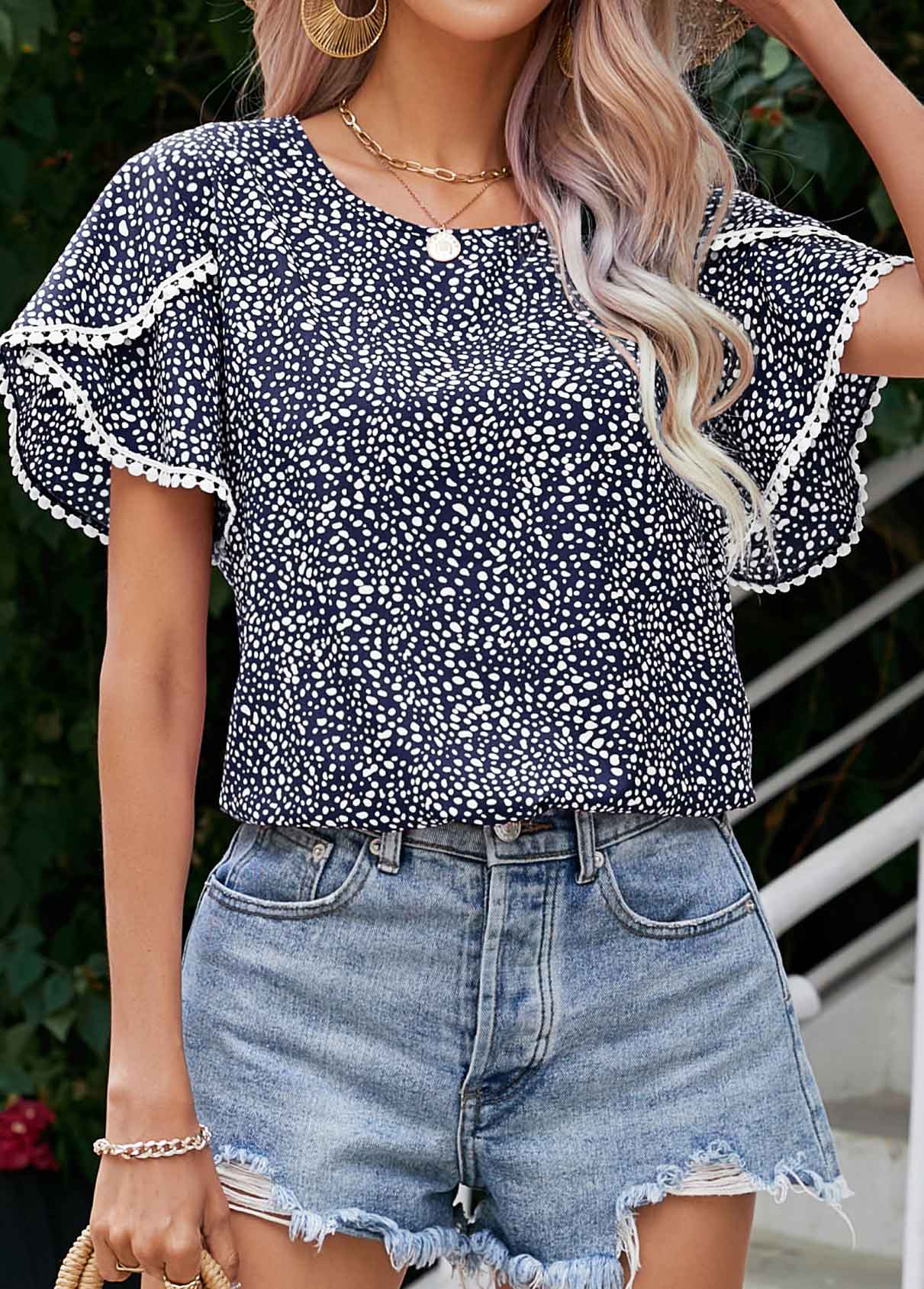 Navy tops,Dot tops,Patchwork Polka Dot Navy Round Neck Blouse