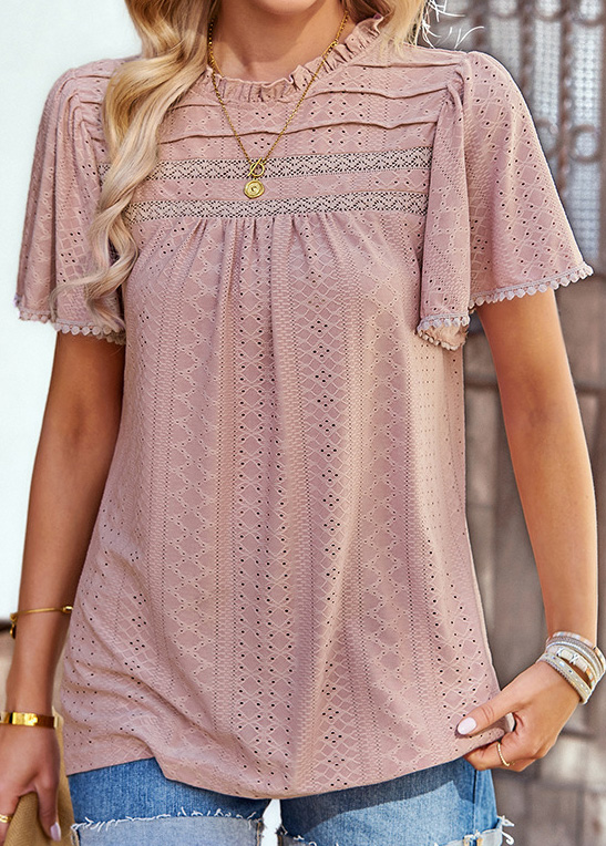 Lace Patchwork Dusty Pink Round Neck T Shirt