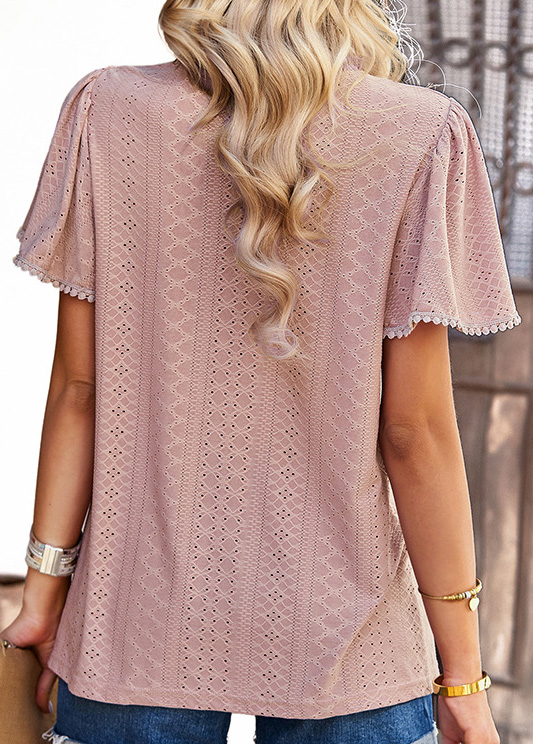 Dusty Pink tops,Plain Color tops,Lace Patchwork Dusty Pink Round Neck T Shirt
