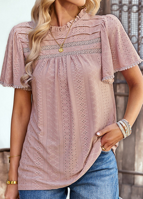 Dusty Pink tops,Plain Color tops,Lace Patchwork Dusty Pink Round Neck T Shirt