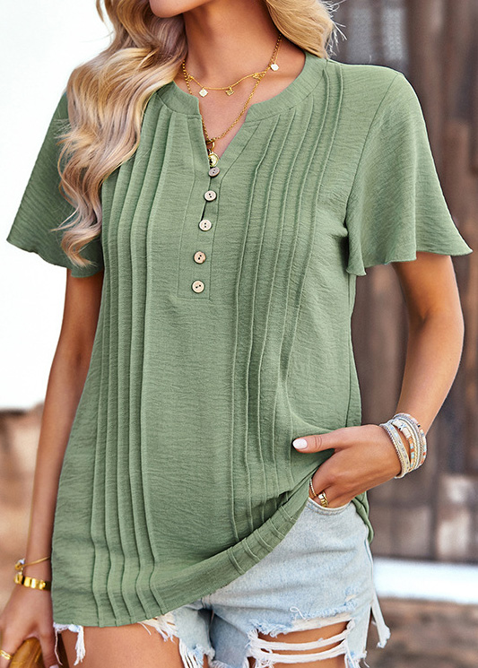 Button Green Split Neck Short Sleeve Blouse
