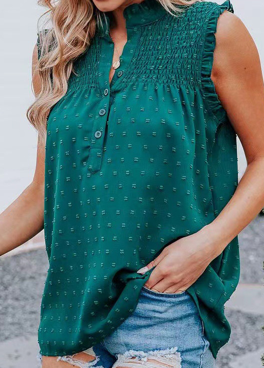 Green tops,Plain Color tops,Split Green Button Detail Sleeveless Blouse