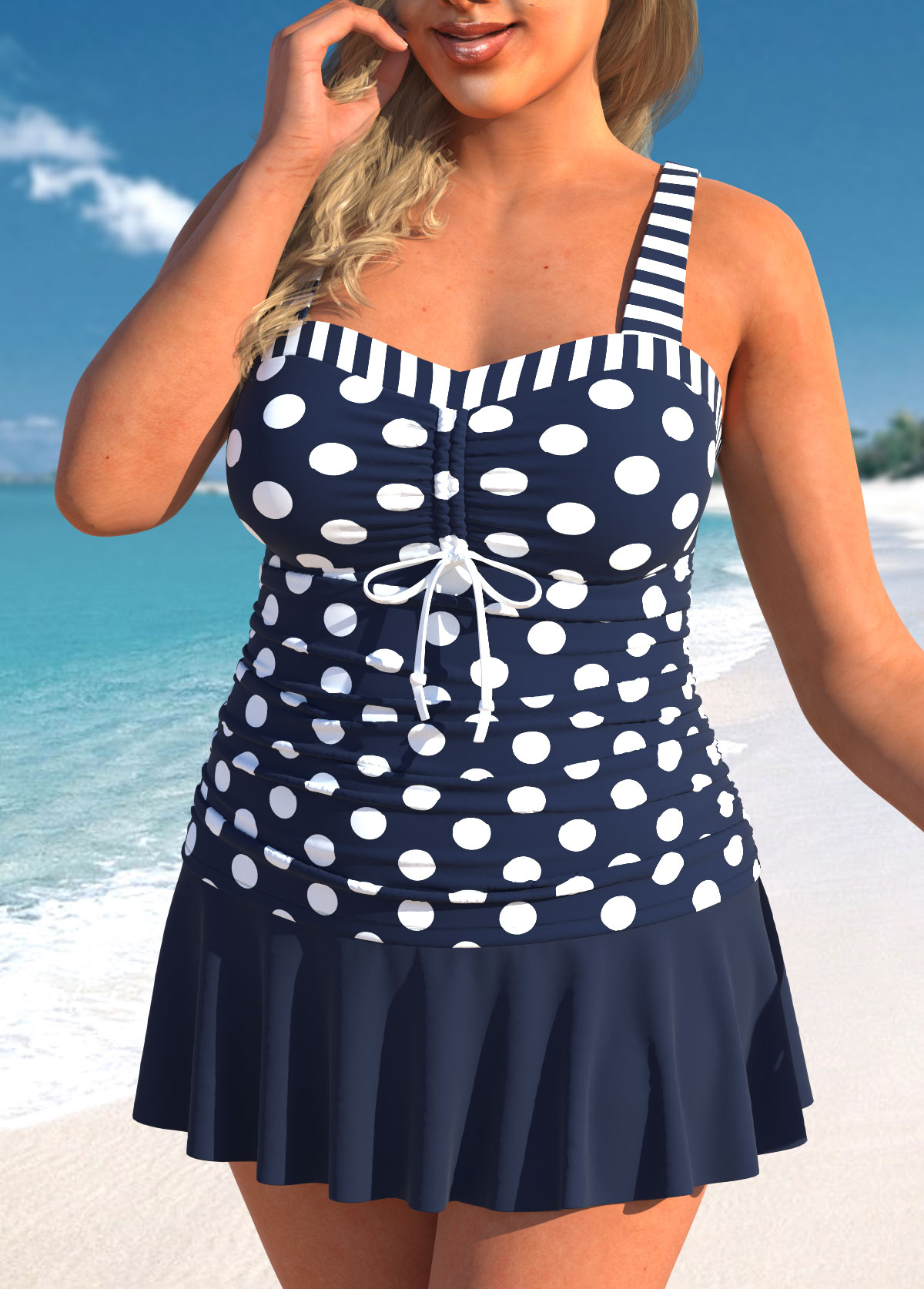 Navy plus size,Dot plus size,Geometric plus size,Striped plus size,ROTITA Plus Size Drawstring Polka Dot Navy Tankini Top