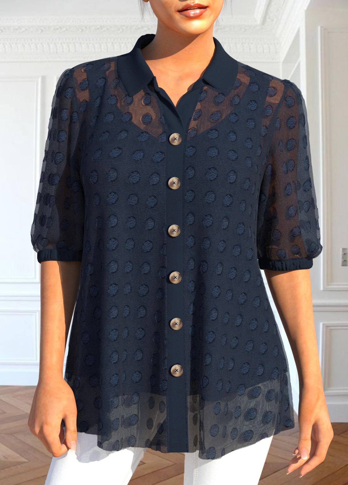 ROTITA Button Navy Shirt Collar Half Sleeve Blouse