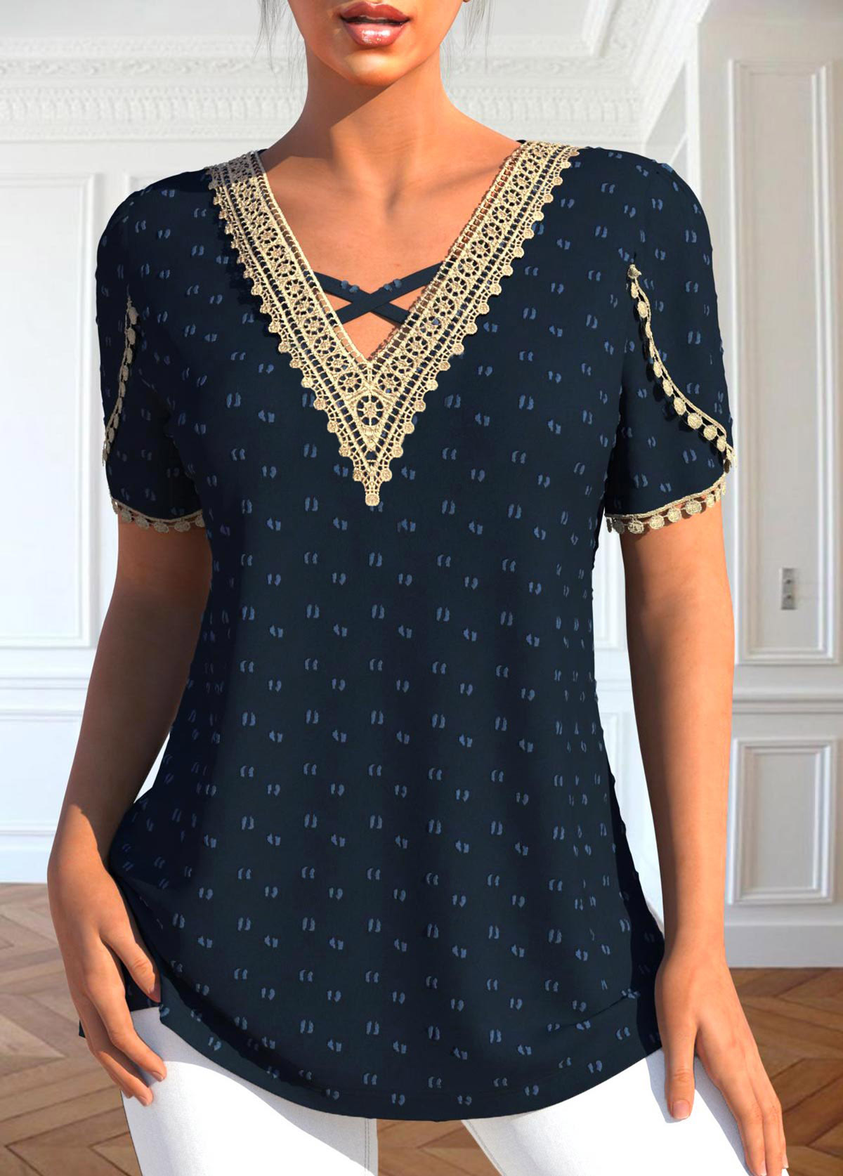 ROTITA Patchwork Navy V Neck Short Sleeve T Shirt | Rotita.com - USD $31.98