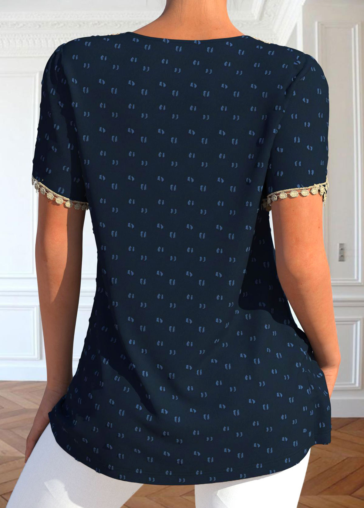 Navy tops,Plain Color tops,ROTITA Patchwork Navy V Neck Short Sleeve T Shirt