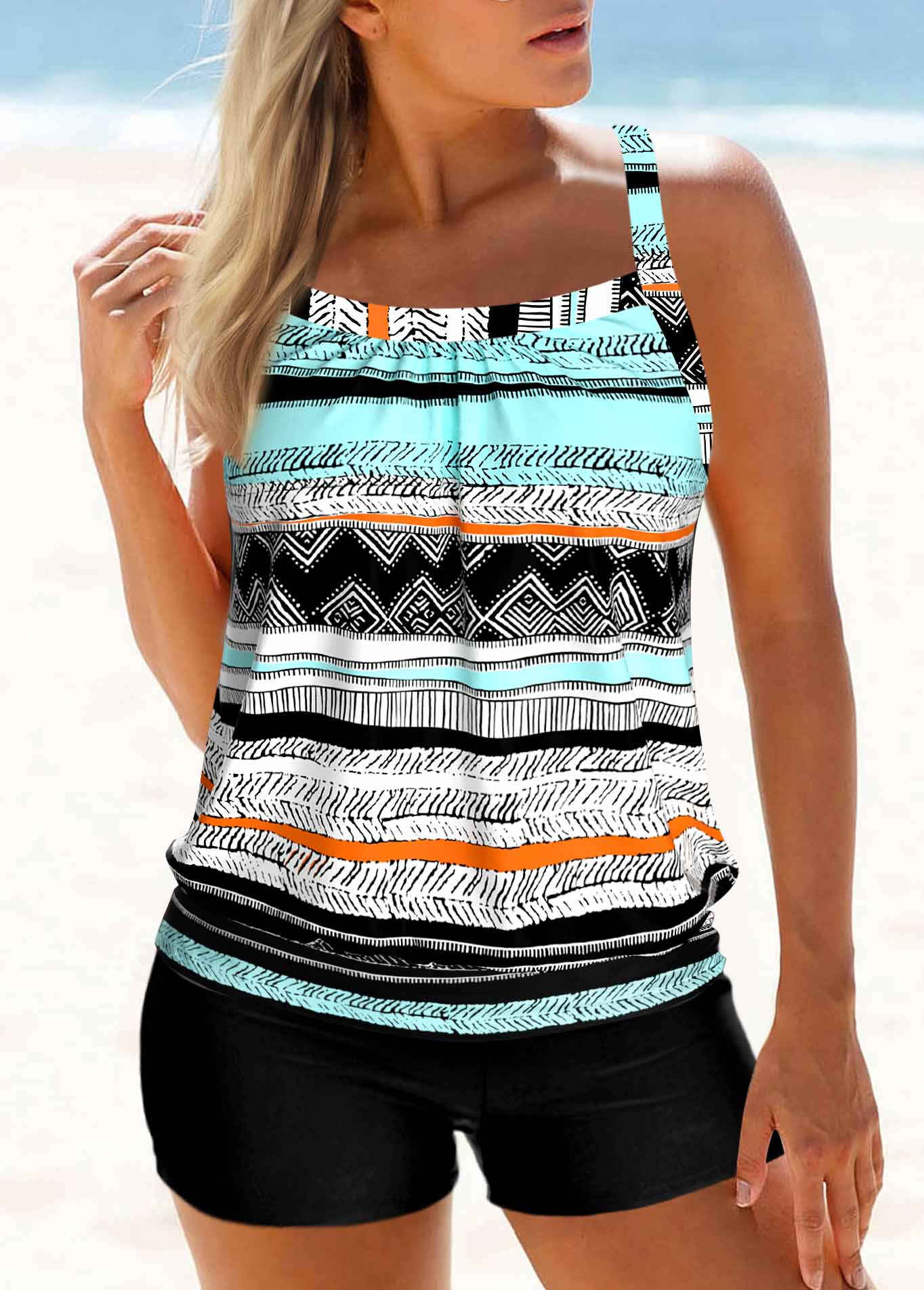 ROTITA Criss Cross Multi Color Geometric Print Tankini Top-No Bottom