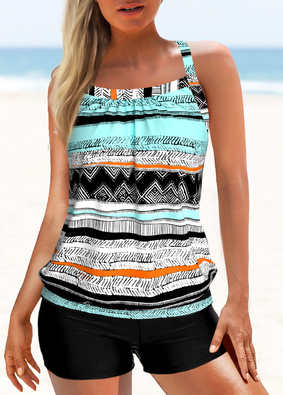 Multi Color swimwear,Geometric swimwear,Striped swimwear,ROTITA Criss Cross Multi Color Geometric Print Tankini Top