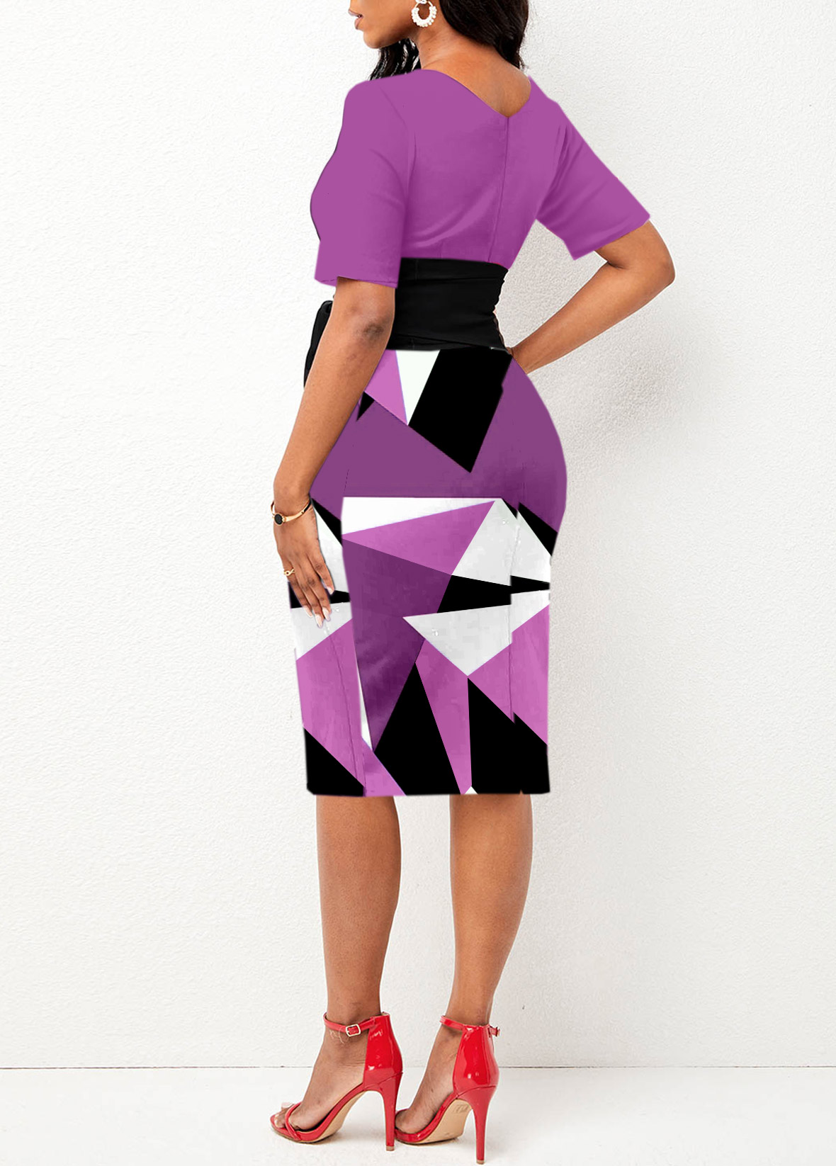 Purple dresses,Geometric dresses,Party dresses,Elegant dresses,ROTITA Tie Geometric Print Purple Round Neck Bodycon Dress