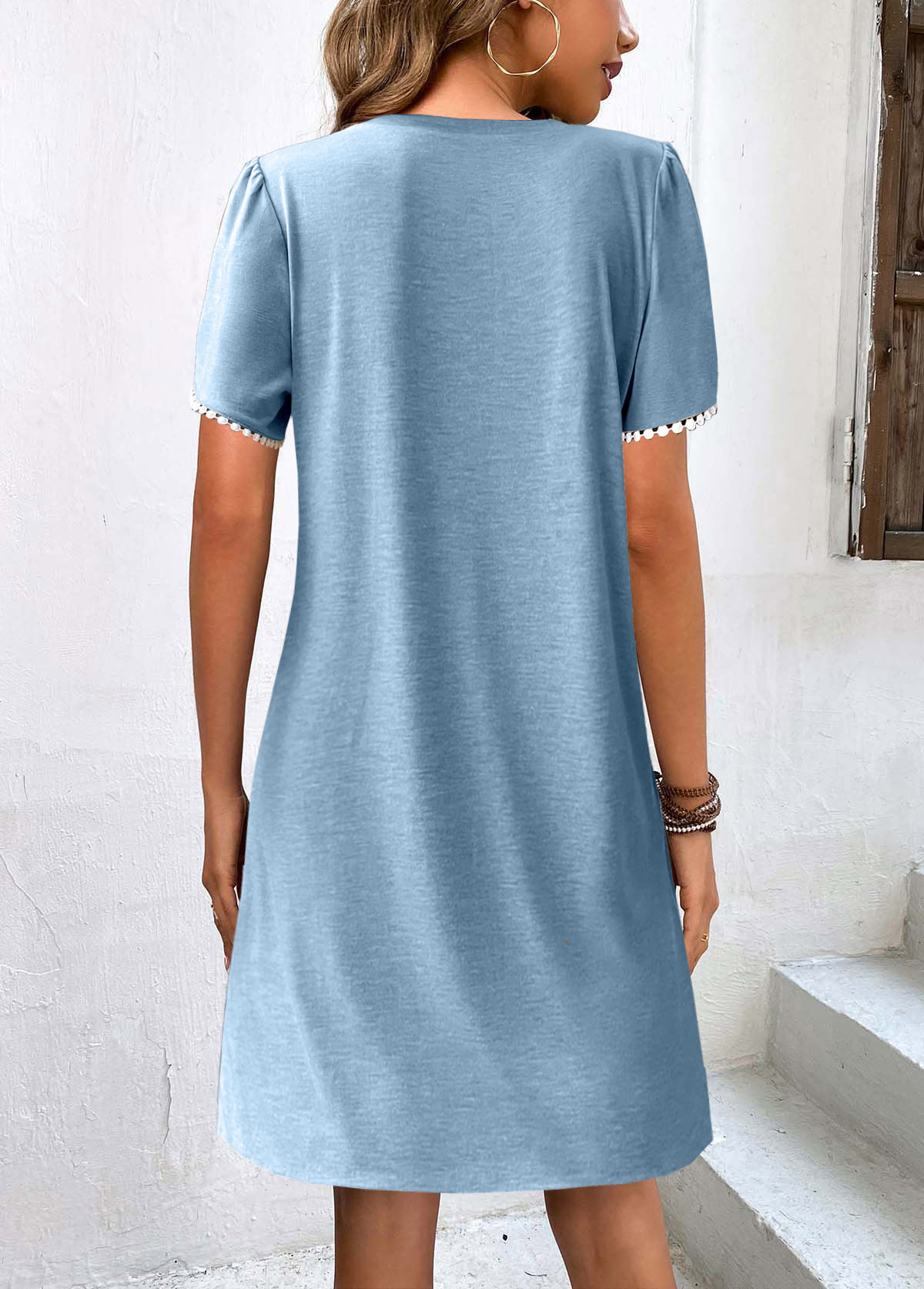 Dusty Blue dresses,Plain Color dresses,ROTITA Patchwork Petal Sleeve Dusty Blue Short Dress