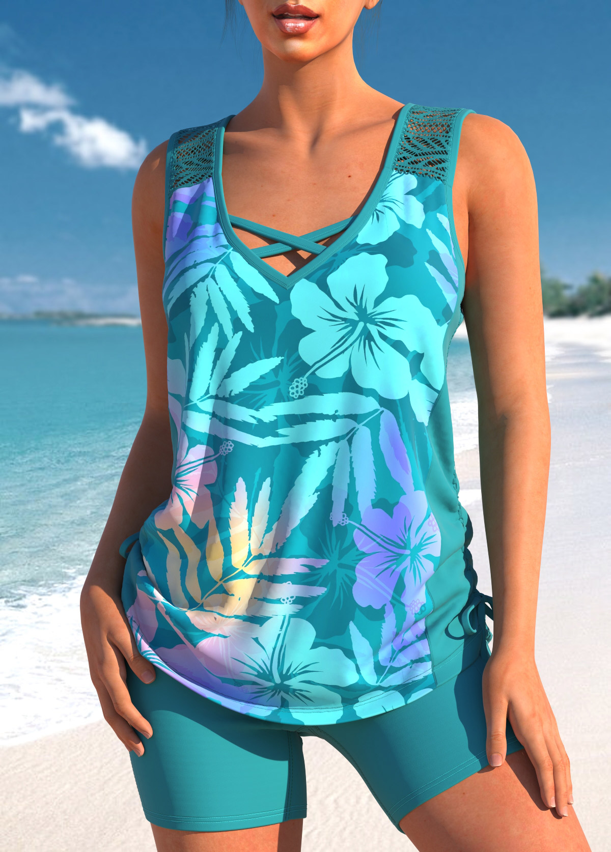 Turquoise swimwear,Plants swimwear,Floral swimwear,ROTITA Lace Turquoise Tropical Plants Print Tankini Top