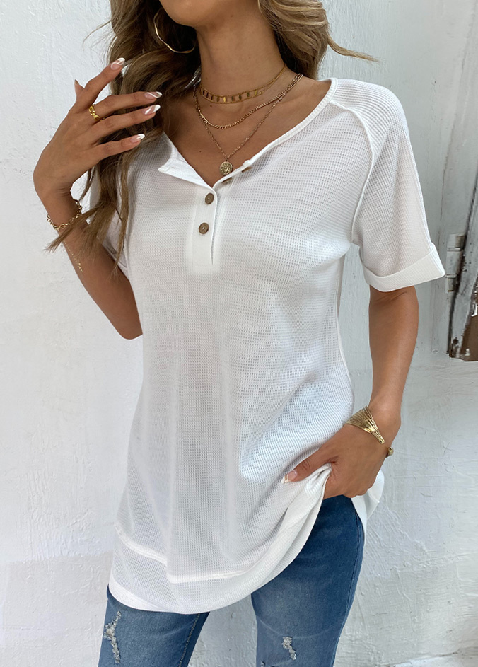 White tops,Plain Color tops,Button White Round Neck Short Sleeve T Shirt