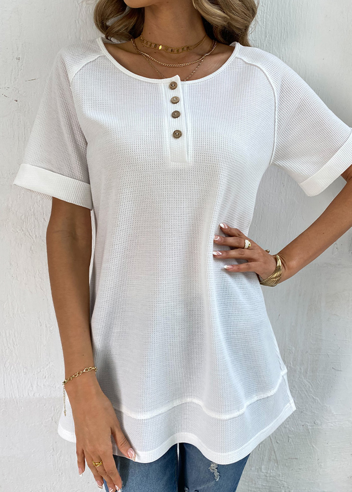 White tops,Plain Color tops,Button White Round Neck Short Sleeve T Shirt