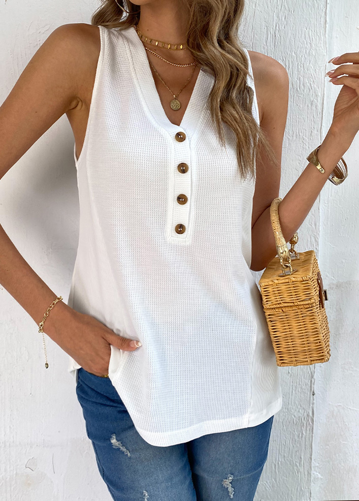 White tops,Plain Color tops,Button White V Neck Tank Top