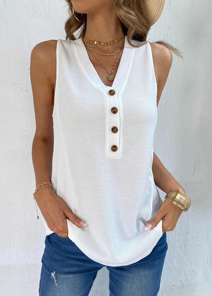 White tops,Plain Color tops,Button White V Neck Tank Top