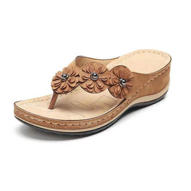 Dark Camel accessories,Plain Color accessories,Low Heel Floral Design Dark Camel Flip Flops