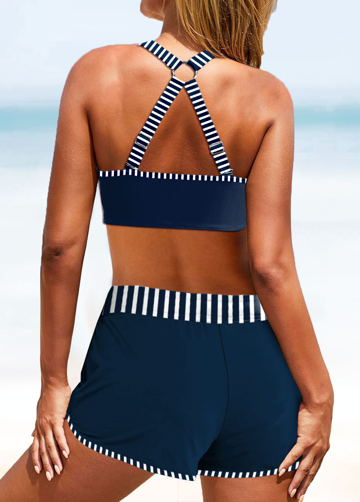 Navy swimwear,White swimwear,Striped swimwear,Geometric swimwear,ROTITA Circular Ring Navy Striped Mid Waisted Bikini Set