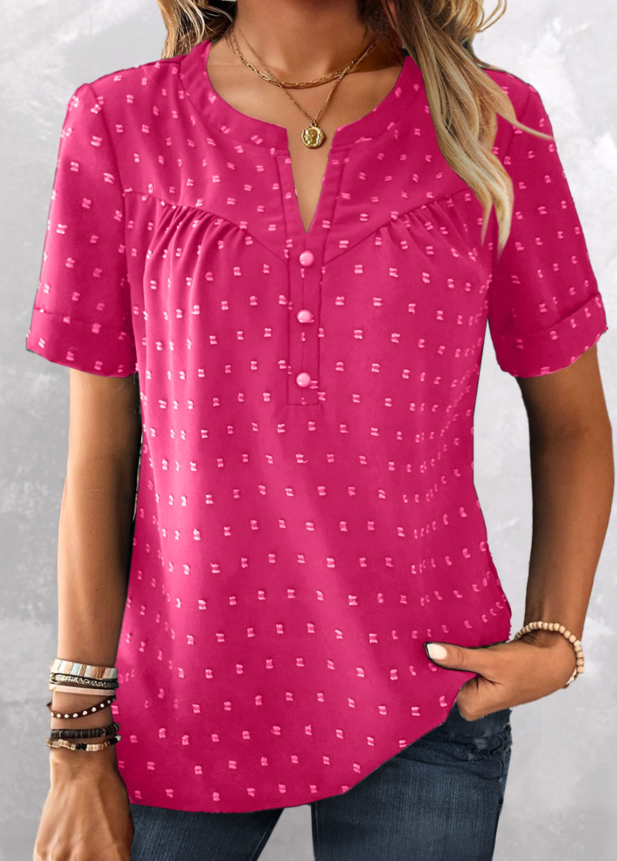 ROTITA Button Hot Pink Split Neck Short Sleeve Blouse