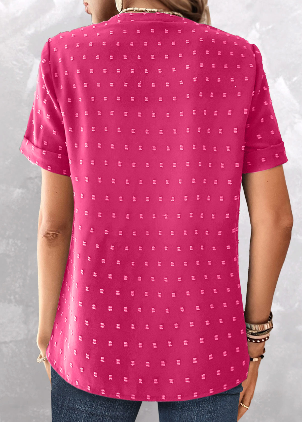 Hot Pink tops,Plain Color tops,ROTITA Jacquard Hot Pink Split Neck Short Sleeve Blouse