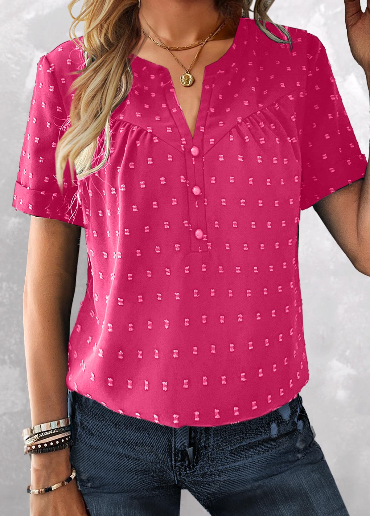 Hot Pink tops,Plain Color tops,ROTITA Jacquard Hot Pink Split Neck Short Sleeve Blouse