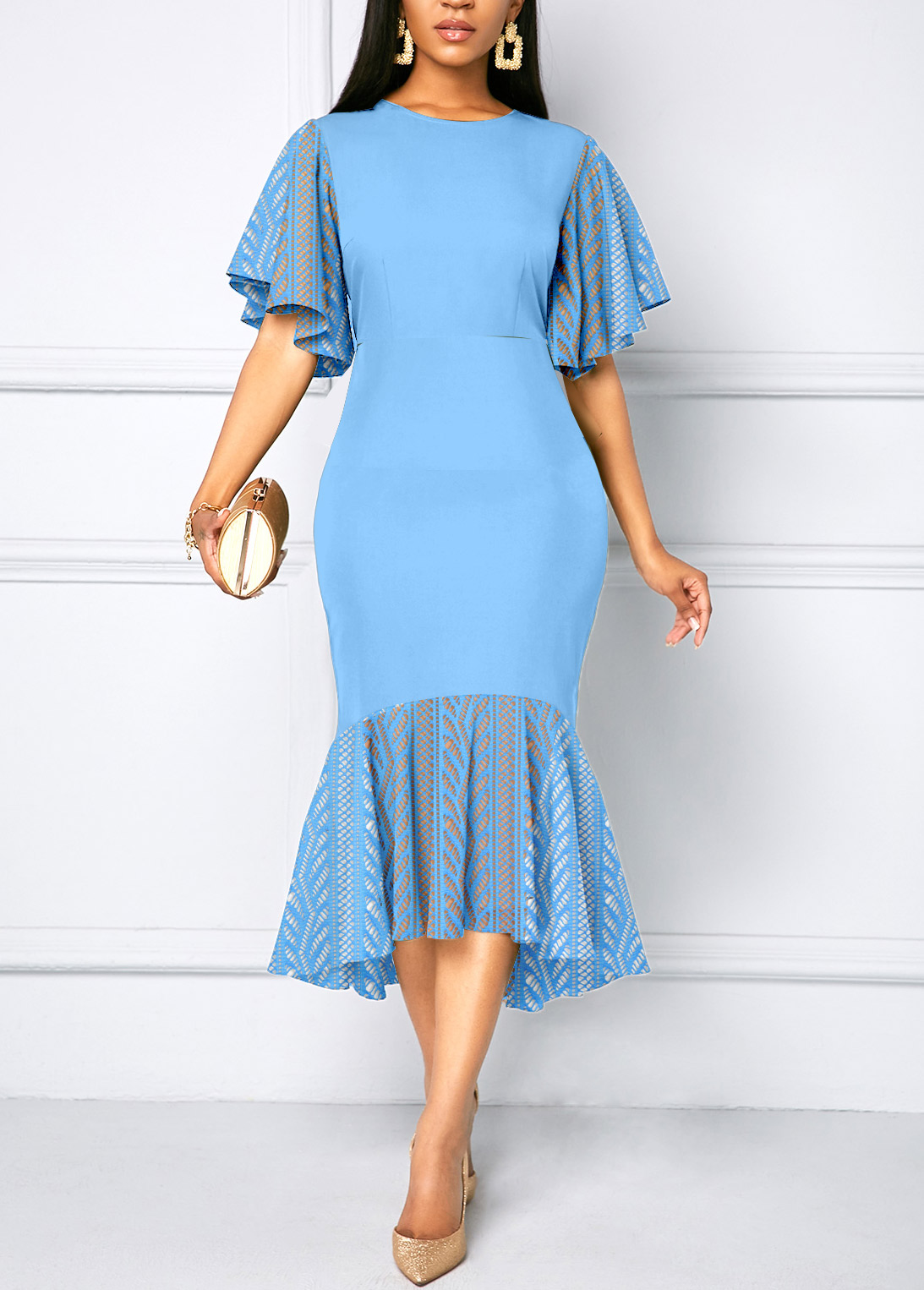 Sky Blue dresses,Plain Color dresses,Vacation dresses,Vacation dresses,ROTITA Lace Sky Blue Round Neck Bodycon Dress