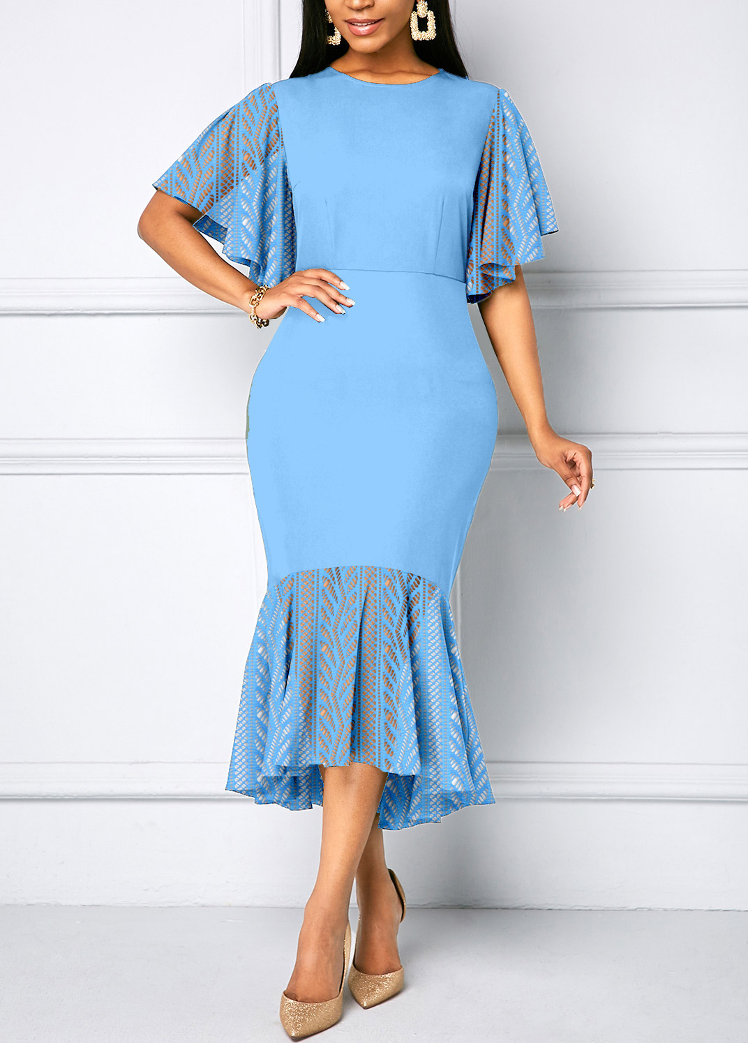 Sky Blue dresses,Plain Color dresses,Vacation dresses,Vacation dresses,ROTITA Lace Sky Blue Round Neck Bodycon Dress